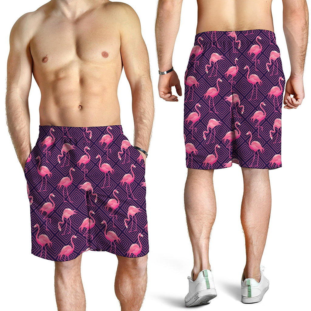 Purple Geometric Flamingo Pattern Print Men's Shorts