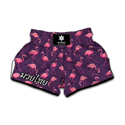 Purple Geometric Flamingo Pattern Print Muay Thai Boxing Shorts