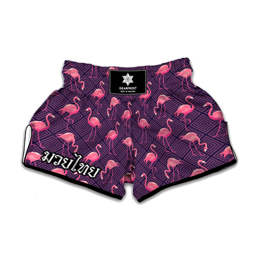 Purple Geometric Flamingo Pattern Print Muay Thai Boxing Shorts