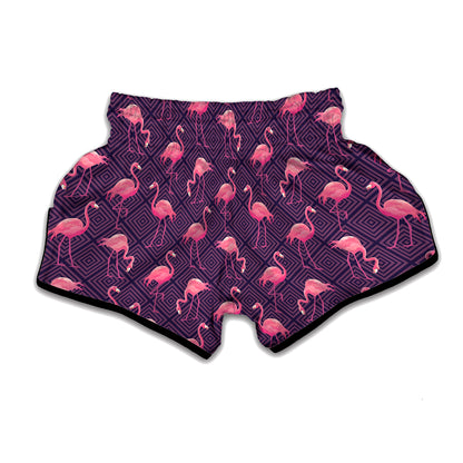 Purple Geometric Flamingo Pattern Print Muay Thai Boxing Shorts