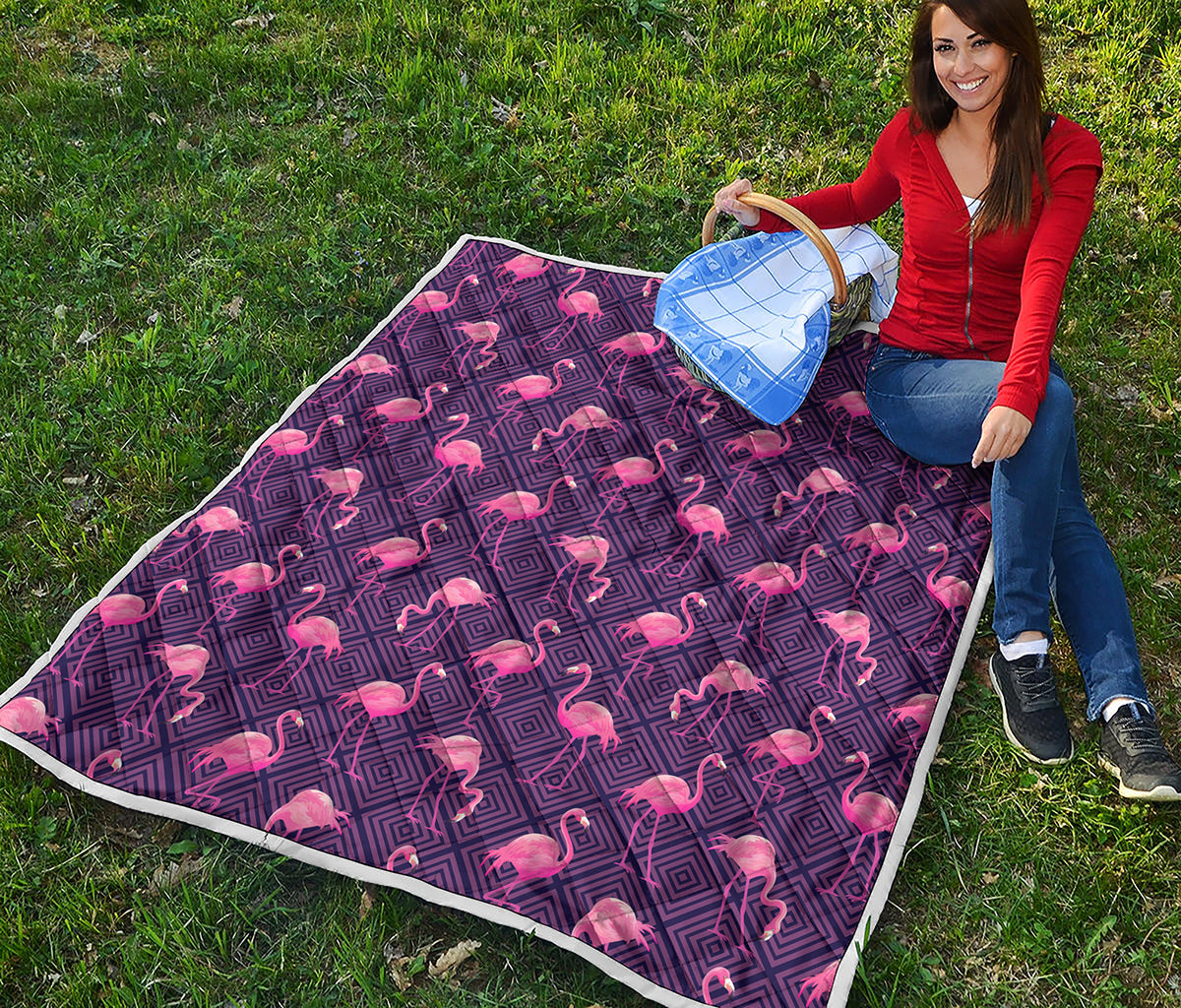 Purple Geometric Flamingo Pattern Print Quilt