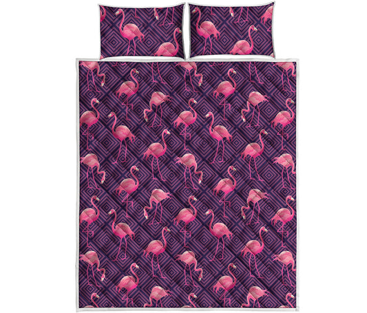 Purple Geometric Flamingo Pattern Print Quilt Bed Set
