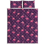 Purple Geometric Flamingo Pattern Print Quilt Bed Set