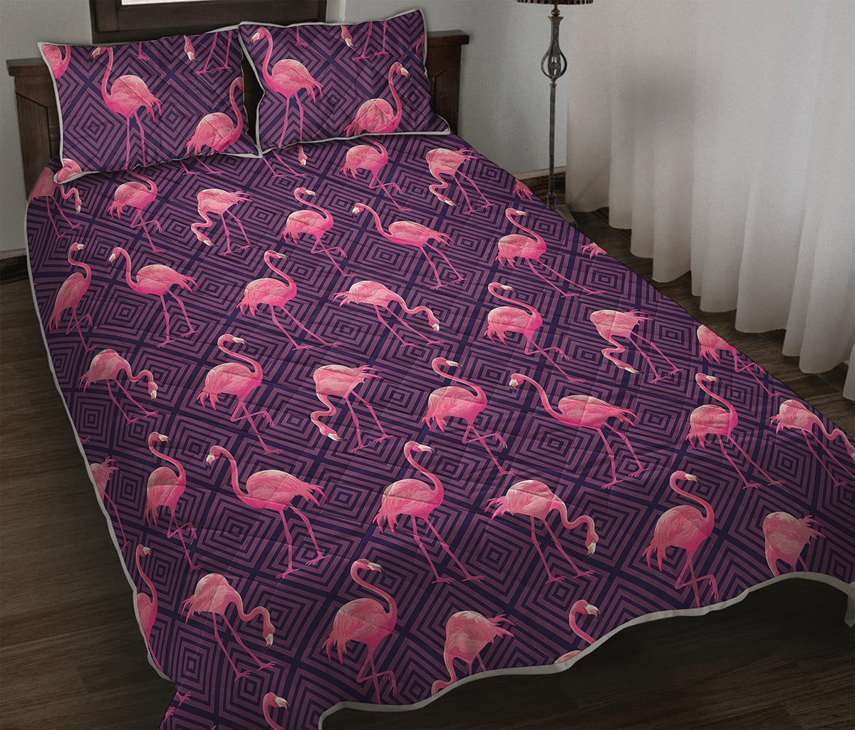 Purple Geometric Flamingo Pattern Print Quilt Bed Set