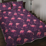 Purple Geometric Flamingo Pattern Print Quilt Bed Set