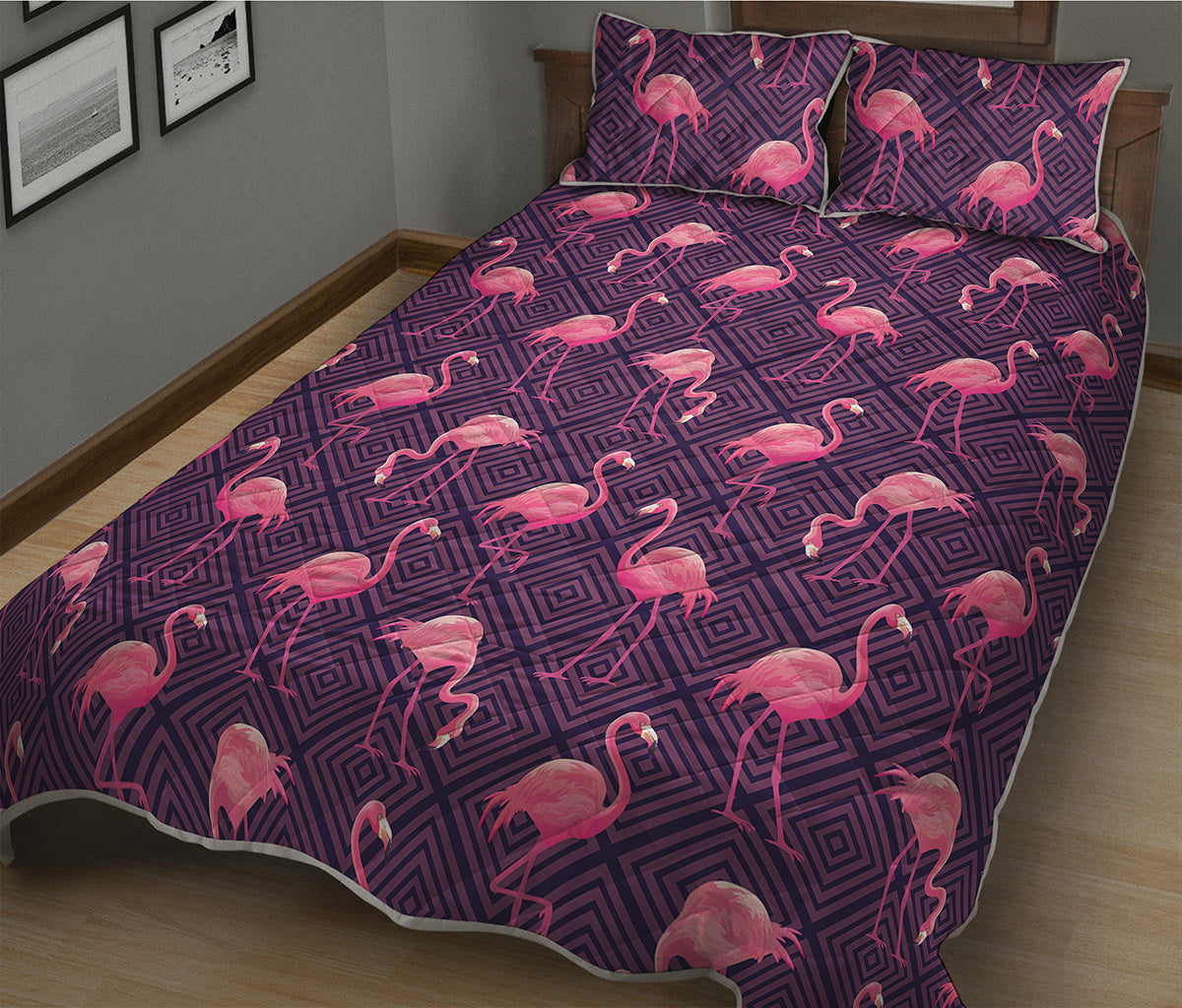 Purple Geometric Flamingo Pattern Print Quilt Bed Set
