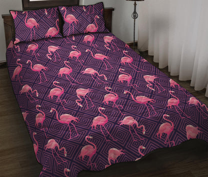 Purple Geometric Flamingo Pattern Print Quilt Bed Set