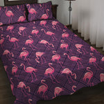 Purple Geometric Flamingo Pattern Print Quilt Bed Set