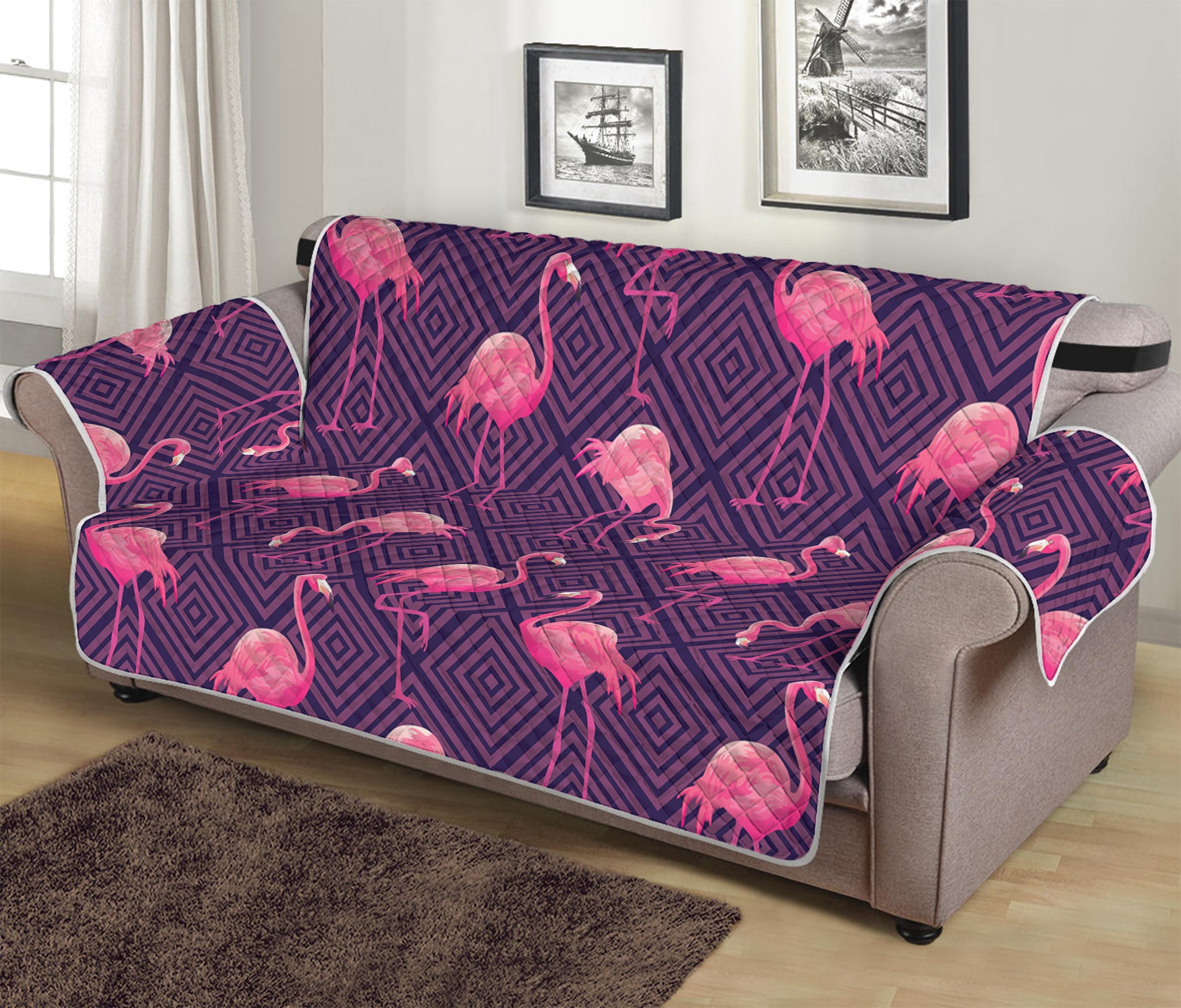 Purple Geometric Flamingo Pattern Print Sofa Protector