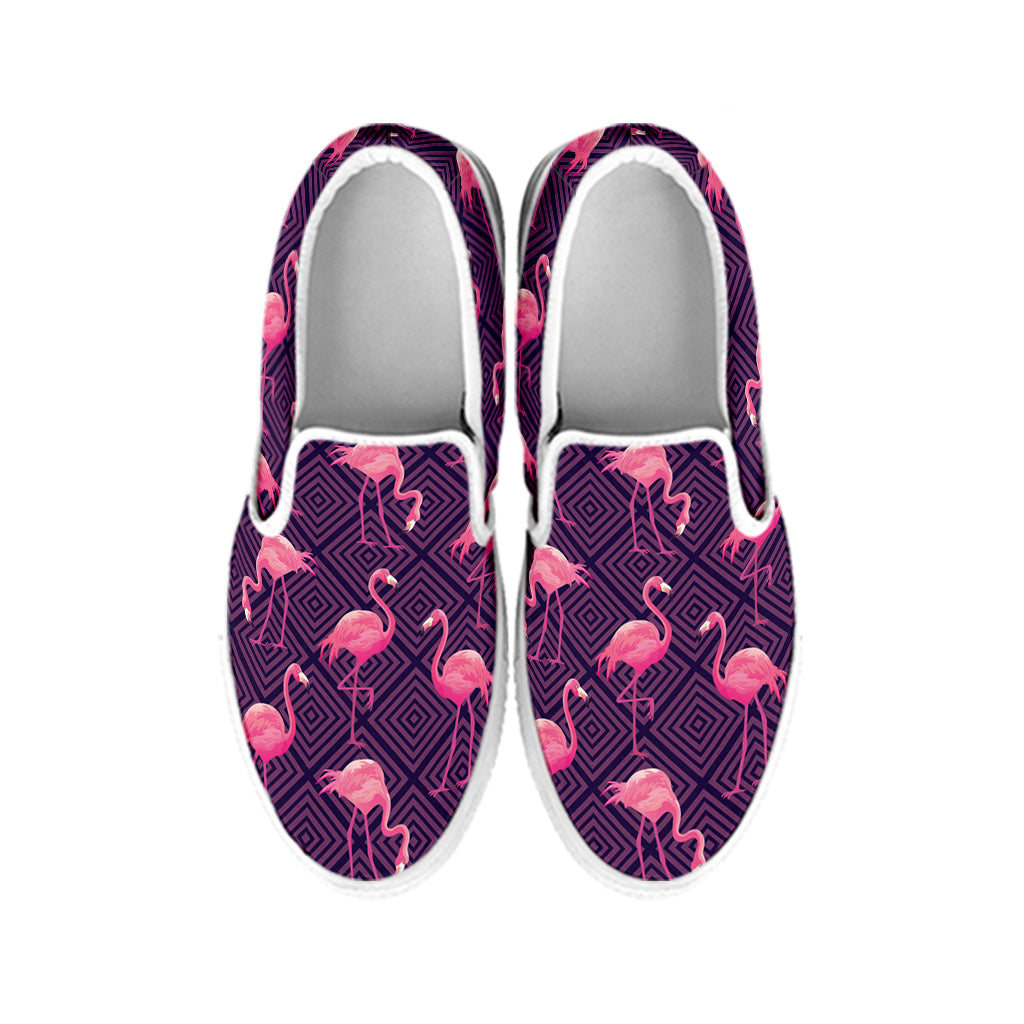 Purple Geometric Flamingo Pattern Print White Slip On Shoes
