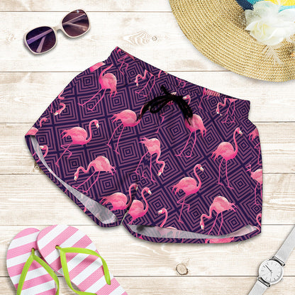 Purple Geometric Flamingo Pattern Print Women's Shorts