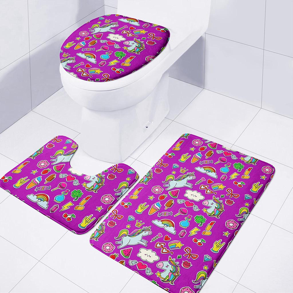 Purple Girly Unicorn Pattern Print 3 Piece Bath Mat Set