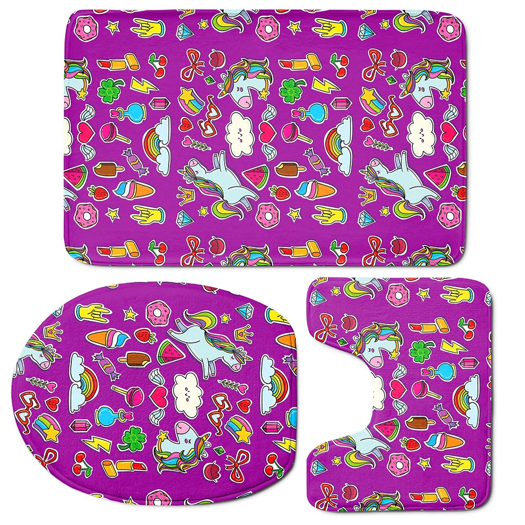 Purple Girly Unicorn Pattern Print 3 Piece Bath Mat Set