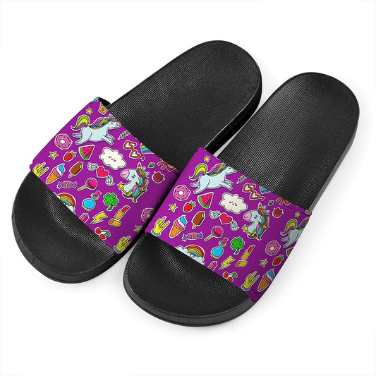 Purple Girly Unicorn Pattern Print Black Slide Sandals