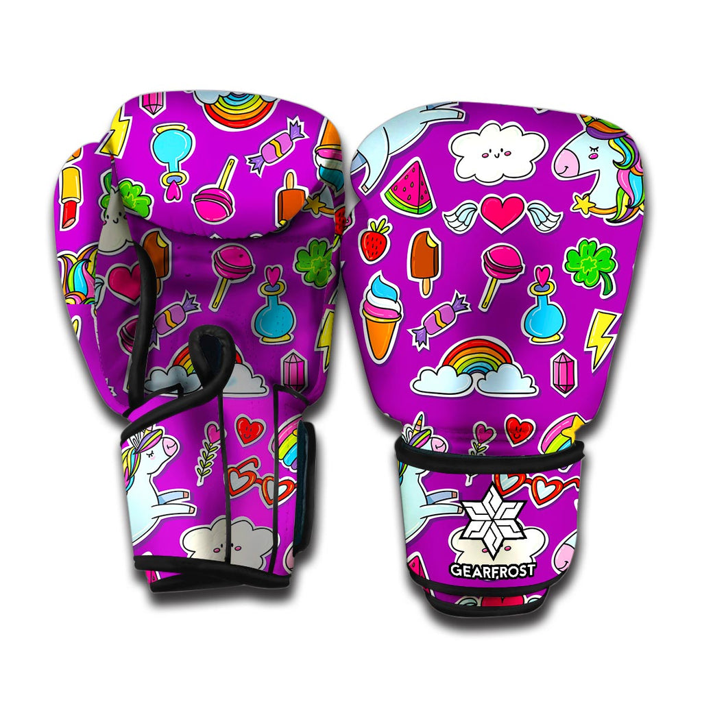 Purple Girly Unicorn Pattern Print Boxing Gloves