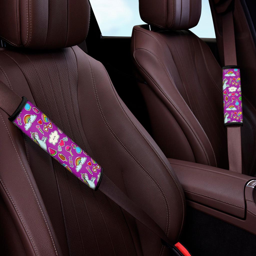 Purple Girly Unicorn Pattern Print Car Seat Belt Covers