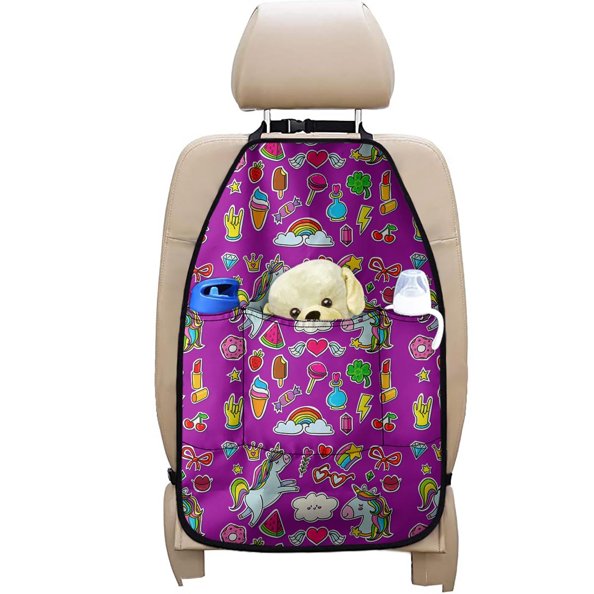 Purple Girly Unicorn Pattern Print Car Seat Organizers