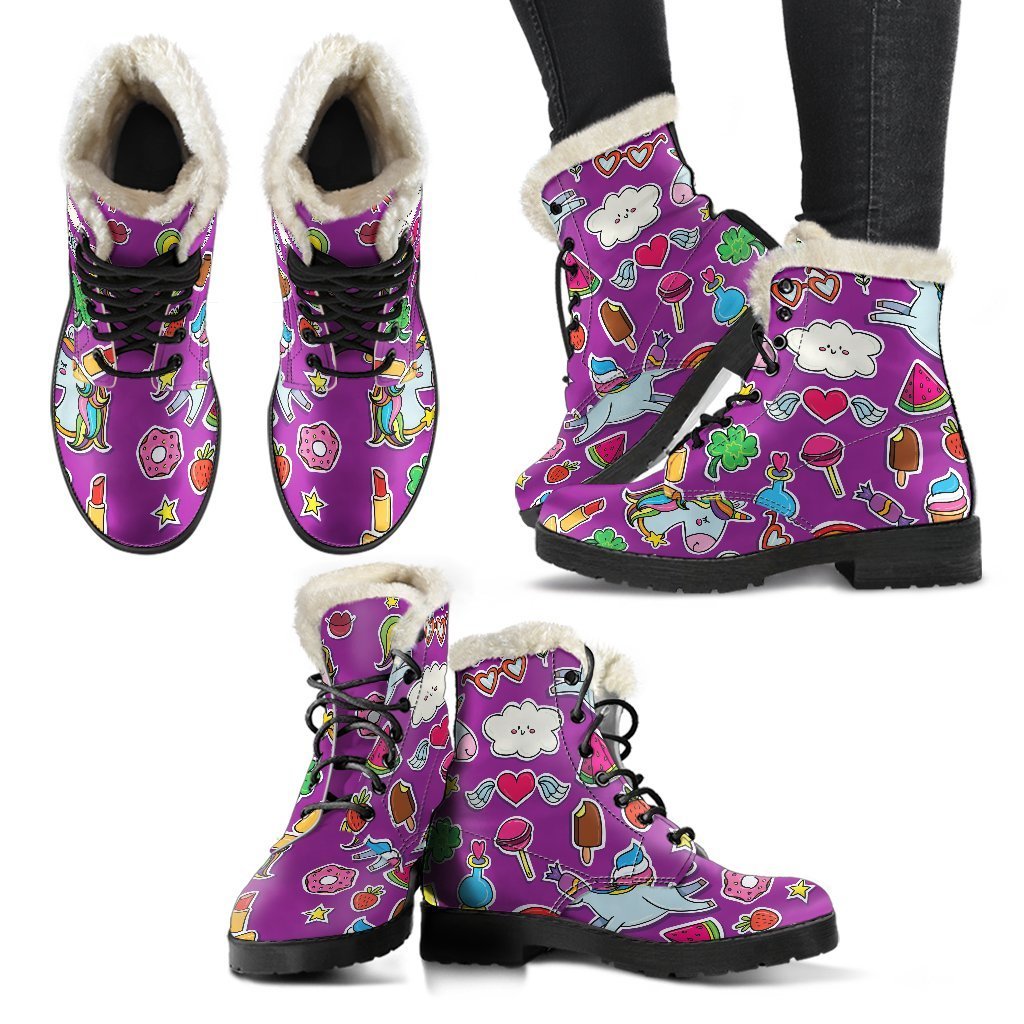 Purple Girly Unicorn Pattern Print Comfy Boots GearFrost