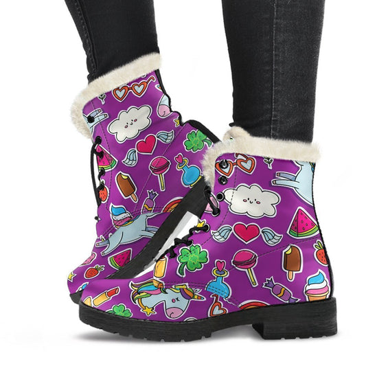 Purple Girly Unicorn Pattern Print Comfy Boots GearFrost