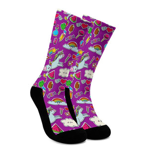 Purple Girly Unicorn Pattern Print Crew Socks