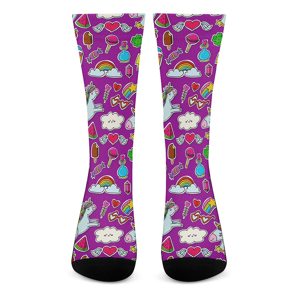 Purple Girly Unicorn Pattern Print Crew Socks