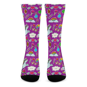 Purple Girly Unicorn Pattern Print Crew Socks