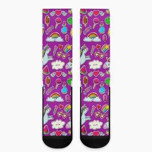 Purple Girly Unicorn Pattern Print Crew Socks