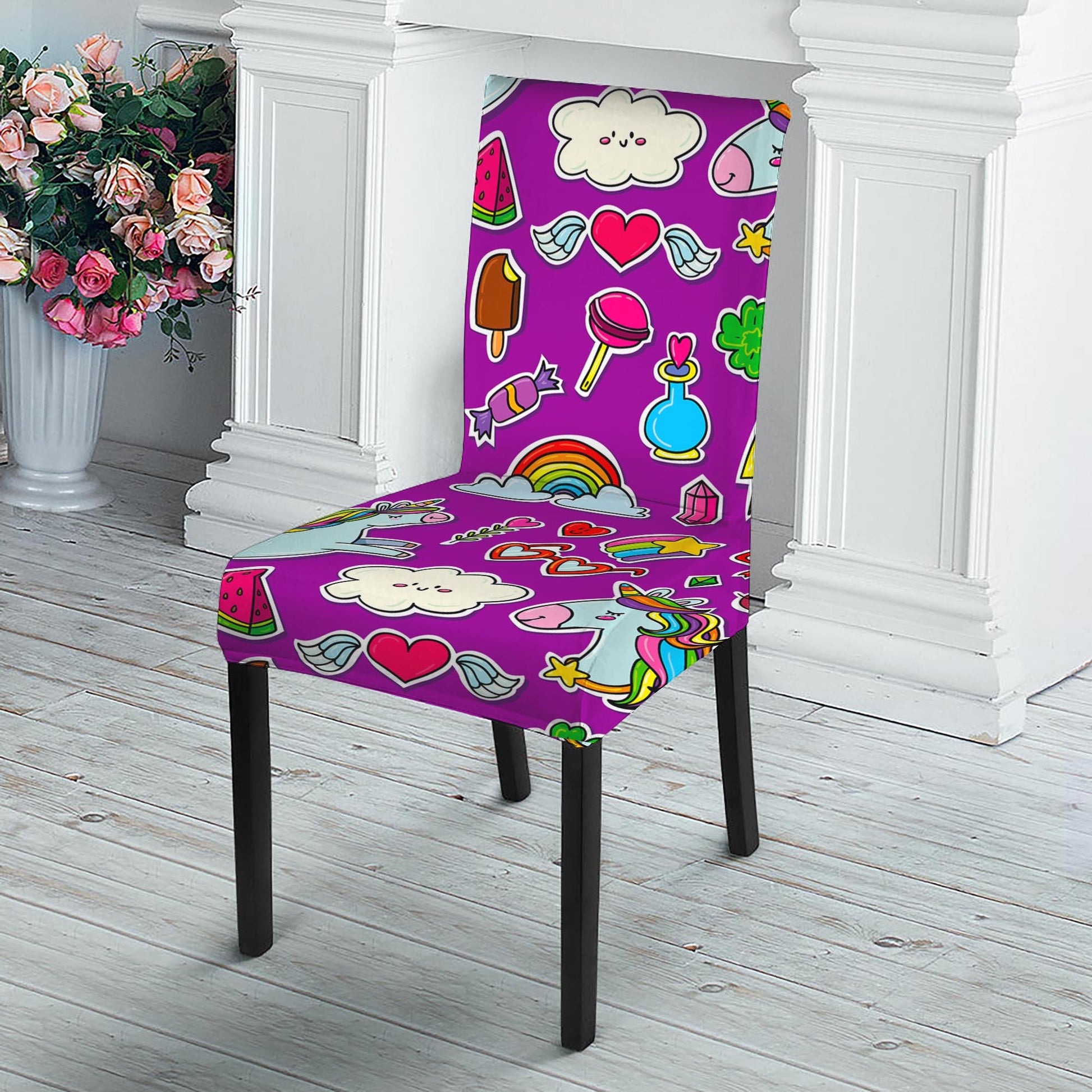 Purple Girly Unicorn Pattern Print Dining Chair Slipcover