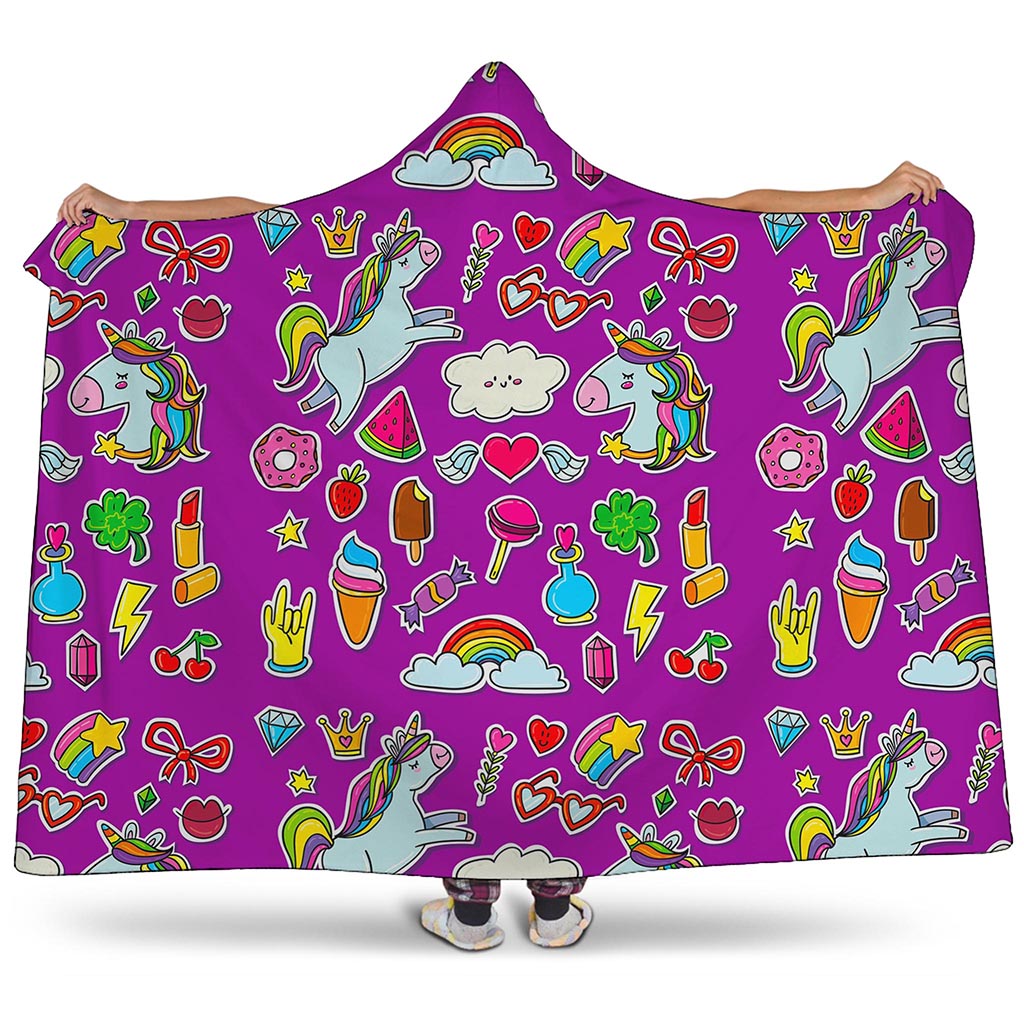 Purple Girly Unicorn Pattern Print Hooded Blanket