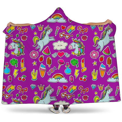 Purple Girly Unicorn Pattern Print Hooded Blanket