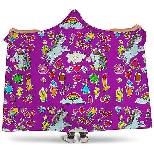 Purple Girly Unicorn Pattern Print Hooded Blanket