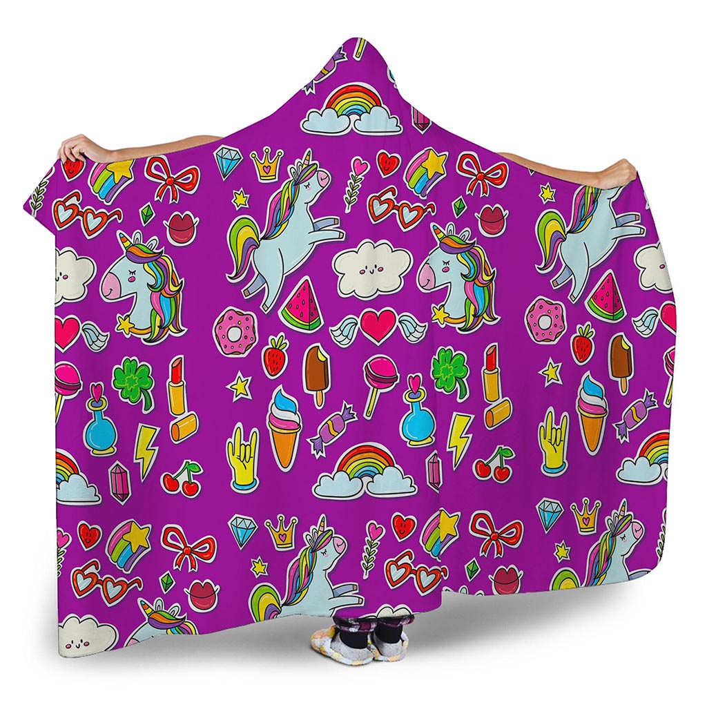 Purple Girly Unicorn Pattern Print Hooded Blanket