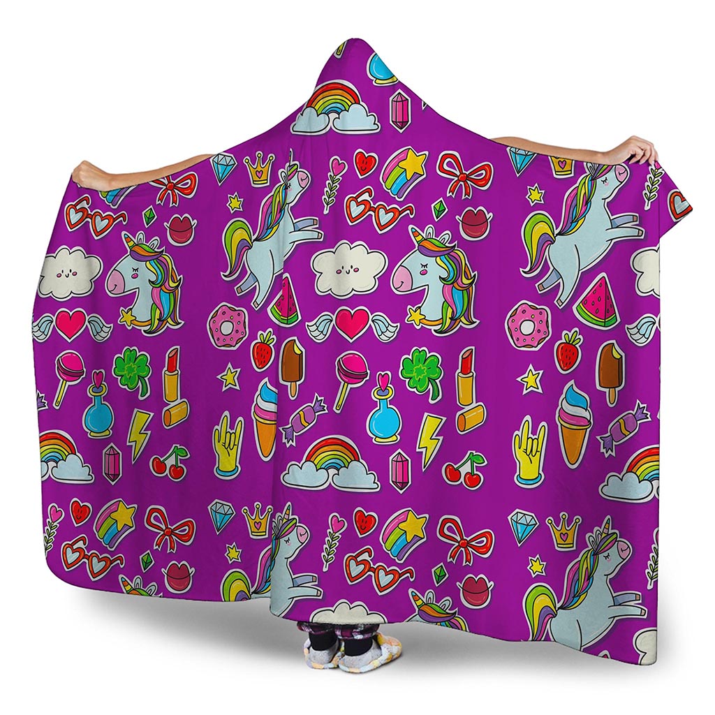 Purple Girly Unicorn Pattern Print Hooded Blanket