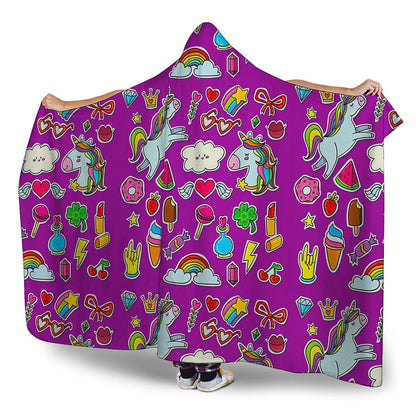 Purple Girly Unicorn Pattern Print Hooded Blanket