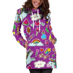 Purple Girly Unicorn Pattern Print Hoodie Dress GearFrost