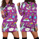 Purple Girly Unicorn Pattern Print Hoodie Dress GearFrost