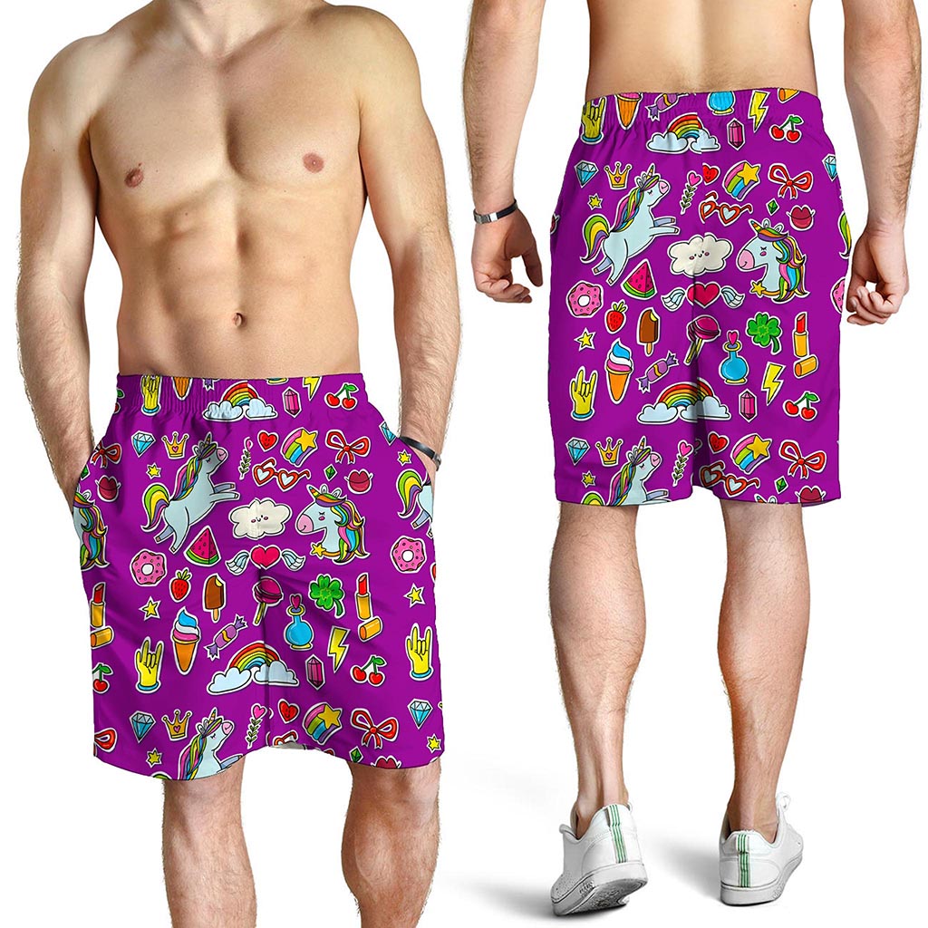 Purple Girly Unicorn Pattern Print Men's Shorts