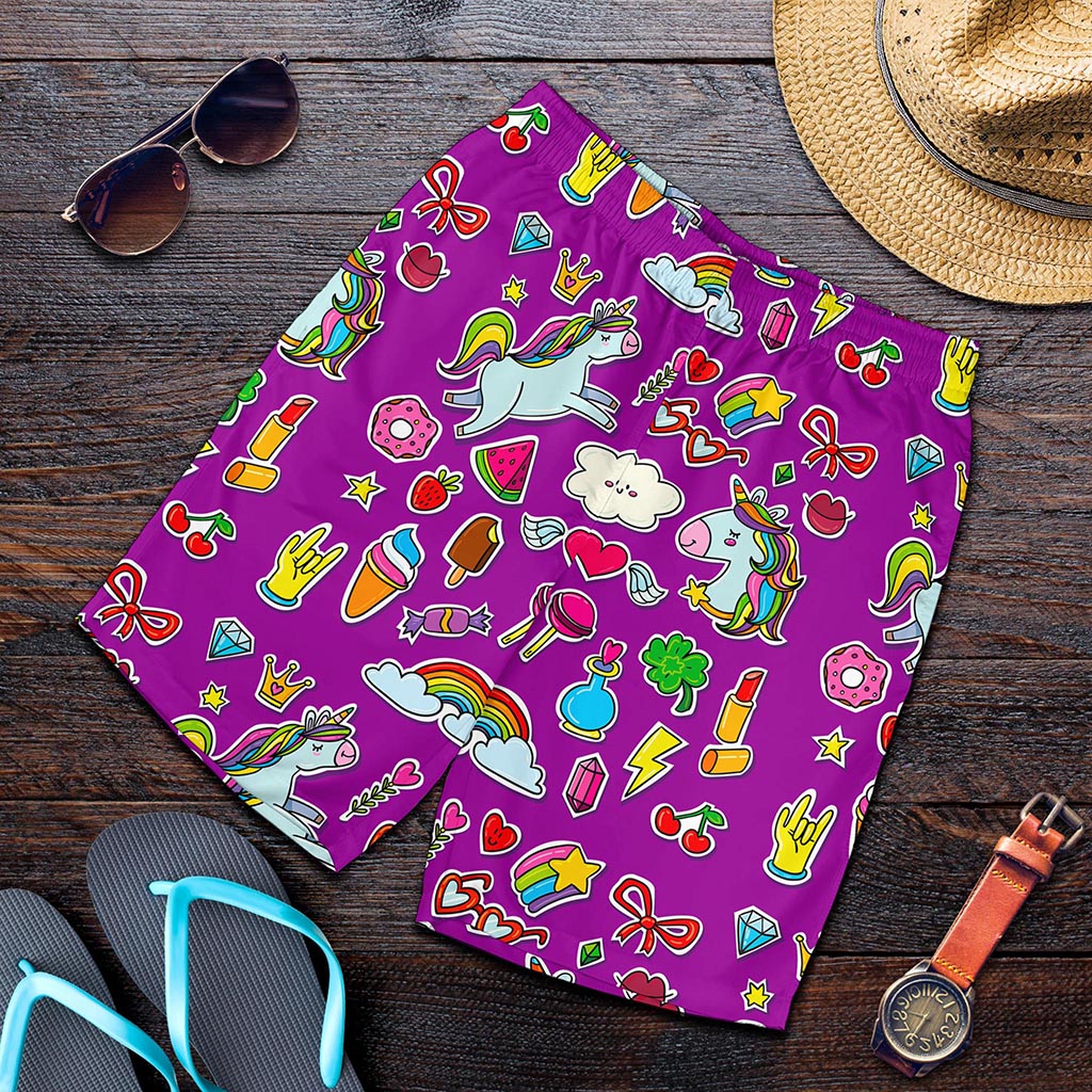 Purple Girly Unicorn Pattern Print Men's Shorts