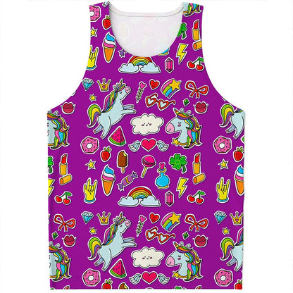 Purple Girly Unicorn Pattern Print Men's Tank Top