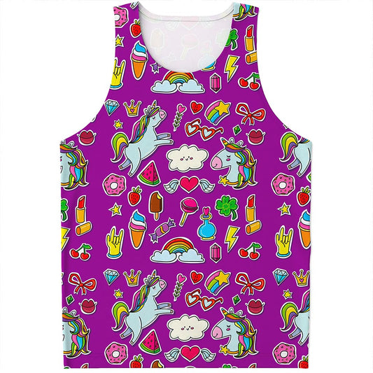 Purple Girly Unicorn Pattern Print Men's Tank Top