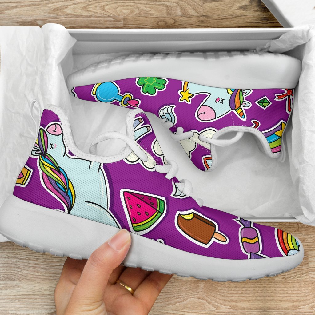 Purple Girly Unicorn Pattern Print Mesh Knit Shoes GearFrost