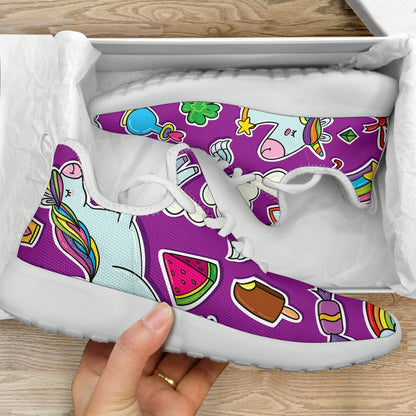 Purple Girly Unicorn Pattern Print Mesh Knit Shoes GearFrost