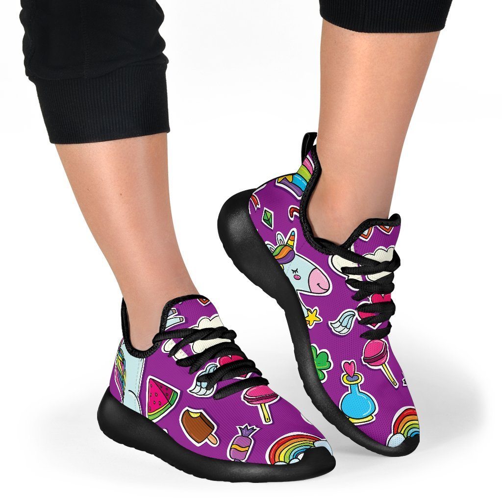 Purple Girly Unicorn Pattern Print Mesh Knit Shoes GearFrost