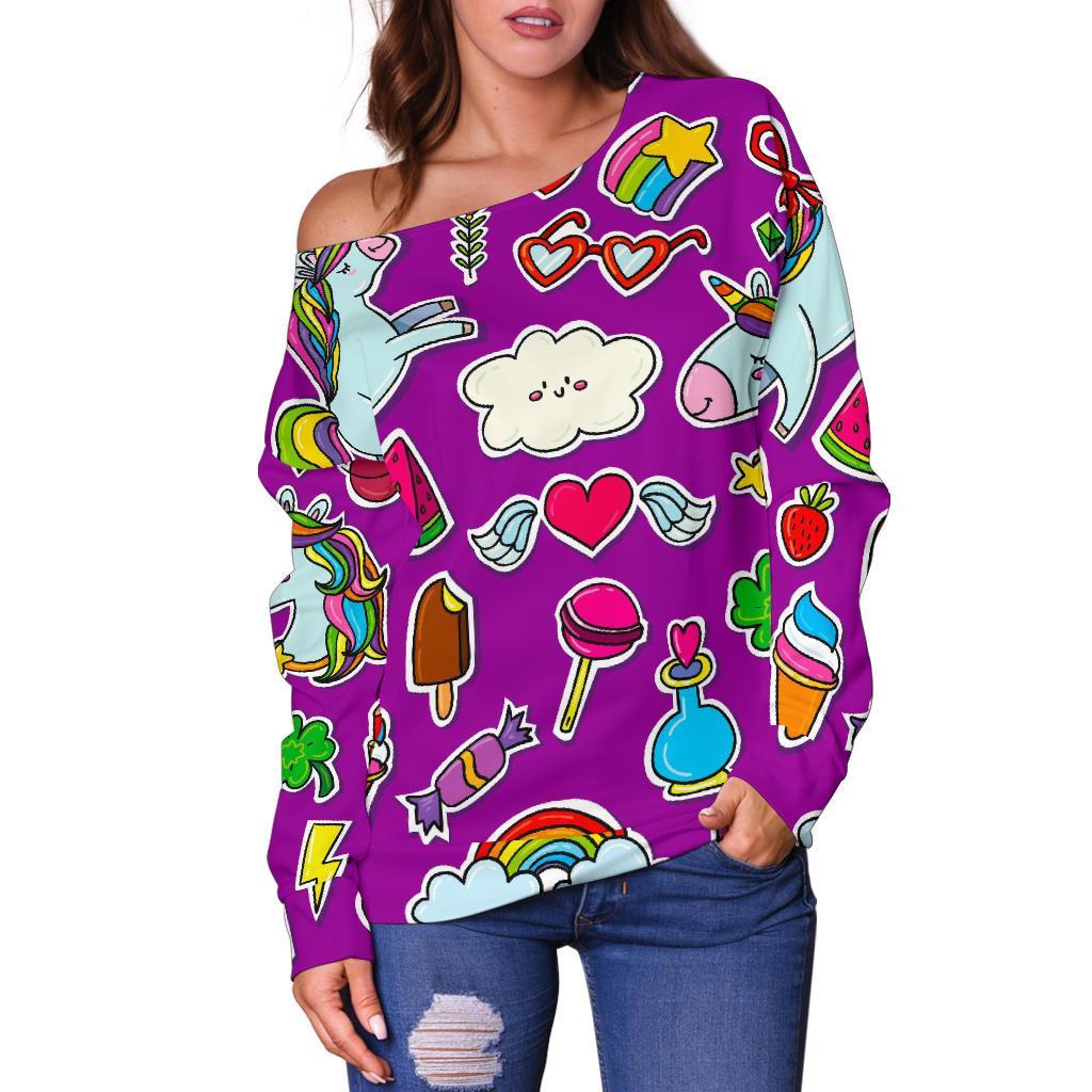 Purple Girly Unicorn Pattern Print Off Shoulder Sweatshirt GearFrost