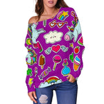 Purple Girly Unicorn Pattern Print Off Shoulder Sweatshirt GearFrost