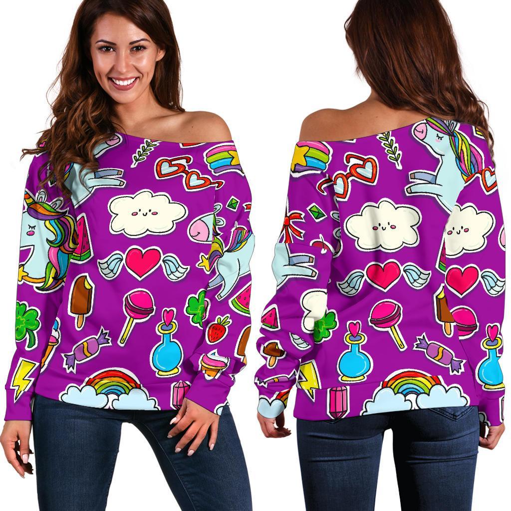 Purple Girly Unicorn Pattern Print Off Shoulder Sweatshirt GearFrost