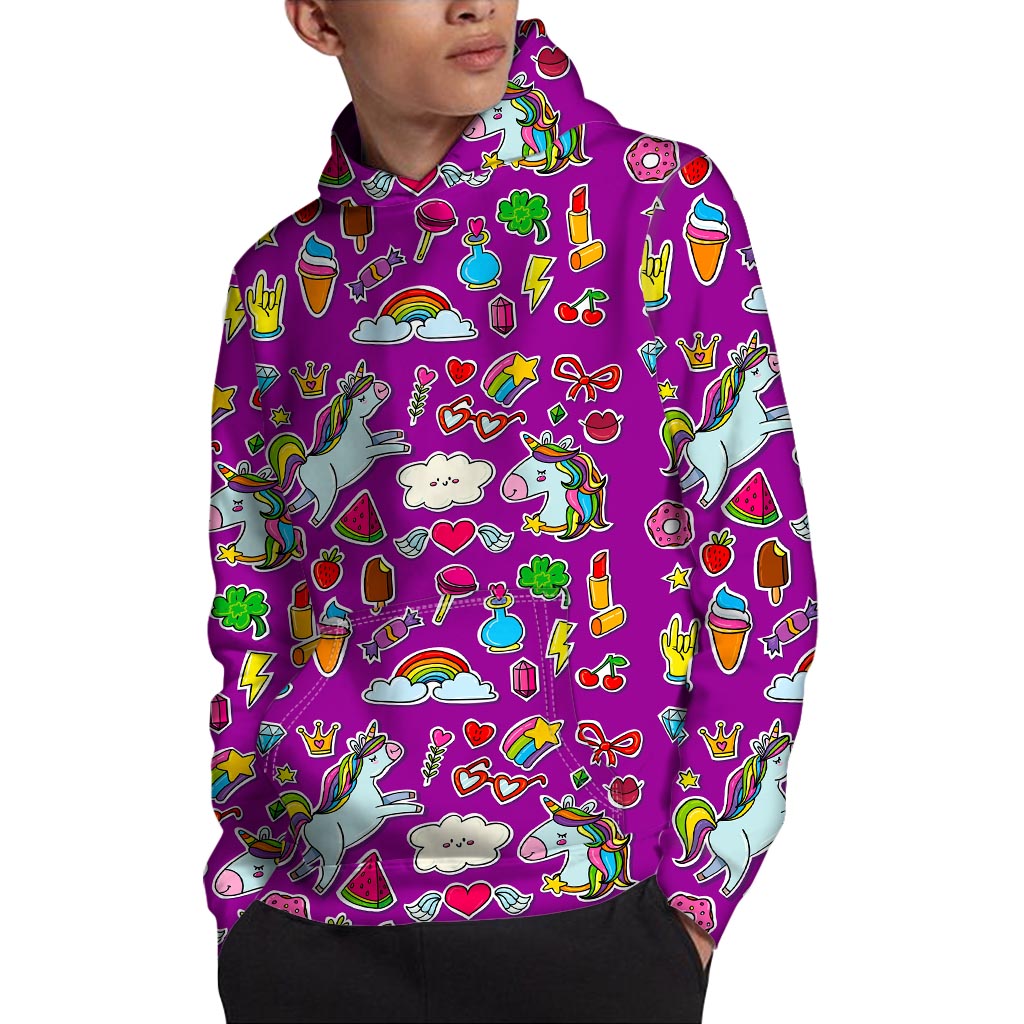 Purple Girly Unicorn Pattern Print Pullover Hoodie
