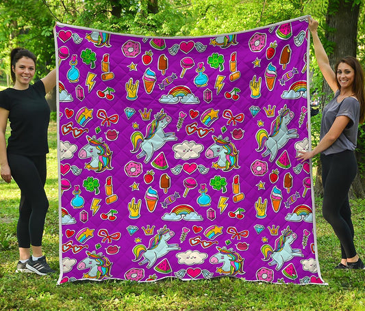 Purple Girly Unicorn Pattern Print Quilt