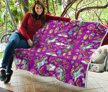 Purple Girly Unicorn Pattern Print Quilt