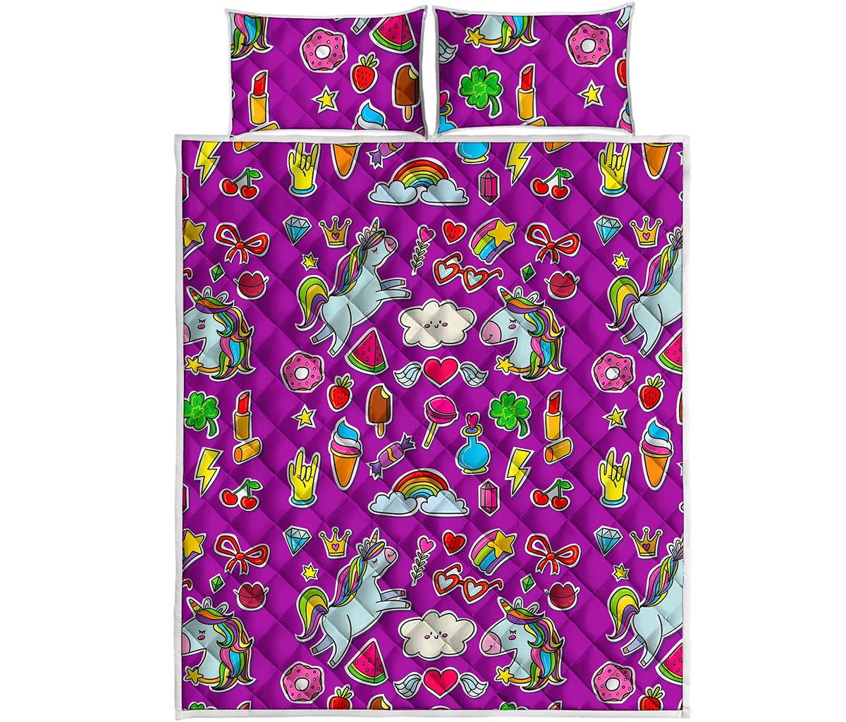 Purple Girly Unicorn Pattern Print Quilt Bed Set